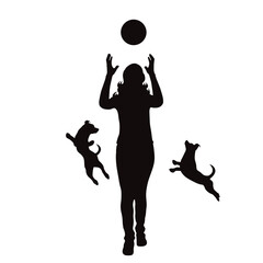 Vector silhouette of woman with her happy dogs on white background. - 602527264