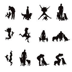 Set of vector silhouette of dancing woman or man with theirs happy dog on white background. - 602527275