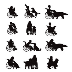 Set of vector silhouettes of a child sitting in a wheelchair with his dog on a white background.
