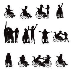 Set of vector silhouette of a child sitting in a wheelchair on a white background.