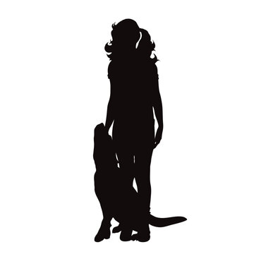 Vector silhouette of woman with her dog on white background.