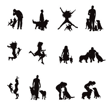 Set of vector silhouette of dancing woman or man with theirs happy dog on white background.