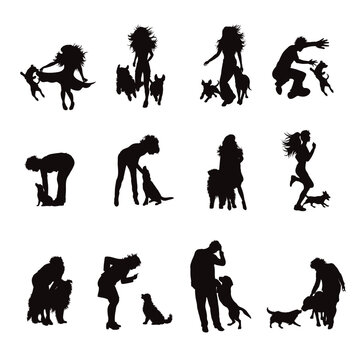 Set of vector silhouette of dancing woman or man with theirs happy dog on white background.