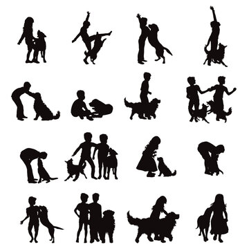 Set of vector silhouette of boys with their happy dogs on white background.