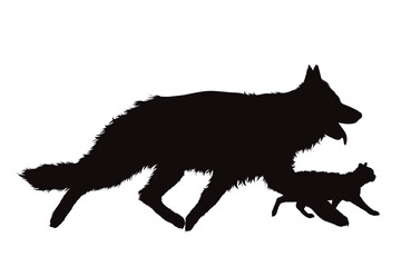 Vector silhouette of German Shepherd with cat on white background.