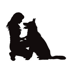 Vector silhouette of woman with her happy dog on white background.