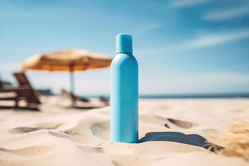 Sun cream bottle mockup  on the beach. Generative AI