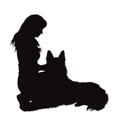 Vector silhouette of woman with her happy dog on white background.