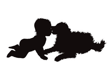 Vector silhouette of toddler with his dog on white background.