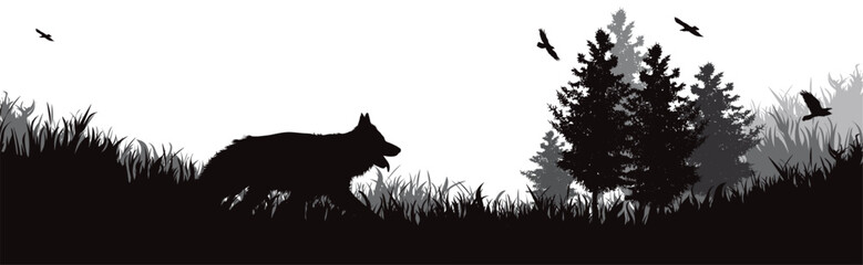Obraz premium Vector silhouette of happy dog running in nature.