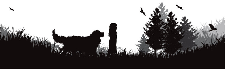 Vector silhouette of happy child with his dog in nature.