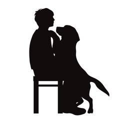 Vector silhouette of man with his happy dog on white background.