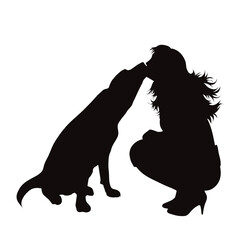 Vector silhouette of woman with her happy dog on white background.