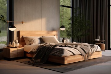 A highly realistic 3D-rendered image of a well-appointed bedroom  designed in a modern style. Generative AI
