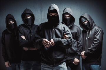 Criminal gangs. Group of criminal people waring black hoodies and masks. Violence and criminal concept. Generative AI - obrazy, fototapety, plakaty