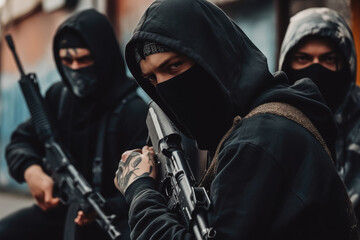 Criminal gang members with guns and rifles on the street. Group of criminal people waring black hoodies and masks. Generative AI - obrazy, fototapety, plakaty