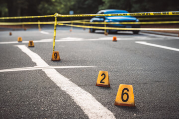 Evidence markers on asphalt. Crime scene investigation concept. Fighting crime and safety. Generative AI