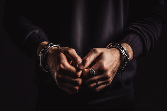 Male hands in handcuffs. Criminal problems and violence concept. Serving justice. Generative AI