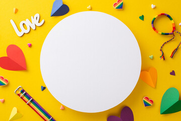 An empty circle for text or advertising is surrounded by a top view flat lay of Pride-themed accessories, including pins, hearts, rainbow colored bracelet, wristbands, on a vibrant yellow background
