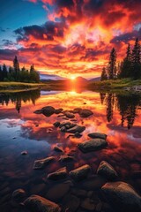 A stunning sunset over a picturesque landscape, with majestic mountains towering in the distance, a serene lake reflecting the vibrant sky, and lush green forests surrounding the area. Generative AI