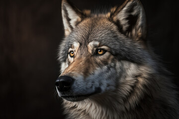 Wolf portrait on dark background. AI Generative