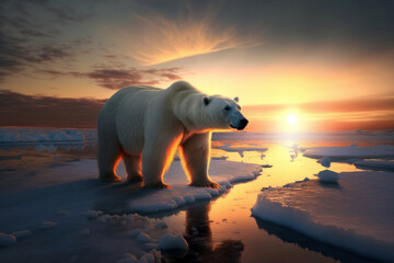Polar bear in Antarctica on sunset background, Generative AI