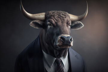 Portrait of a bull in a business suit on dark background, Generative AI