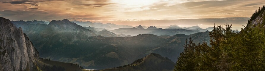Great mountain panorama of Schwyz canton in Switzerland. Including mountain top Fluebrig on the left.