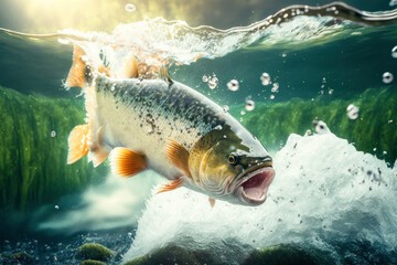 Fish jumping out of water in pond with splashes against blurred nature, Generative AI