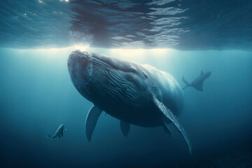 Beautiful whale is swimming in the ocean. The largest fish of the ocean in the natural environment, Generative AI