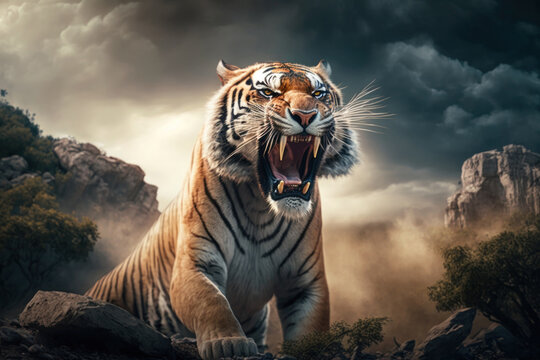 Aggressive angry Tiger with big teeth on the background of a stormy sky, Generative AI