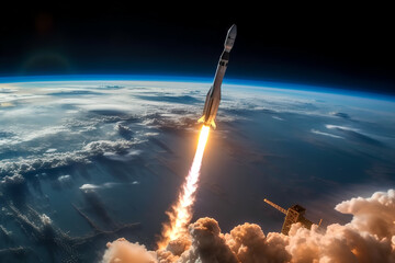 Impressive spaceship launch from Earth, seen from above, Generative AI