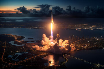 Impressive spaceship launch from Earth, seen from above, Generative AI