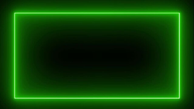 green neon effect rectangle frame line seamless looping video. Square flowing green neon light frame on black background.