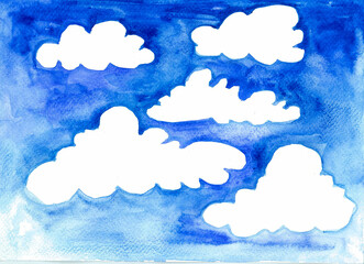 White clouds in the blue sky. The sky is dark above and becomes lighter towards the bottom. Watercolor blur.