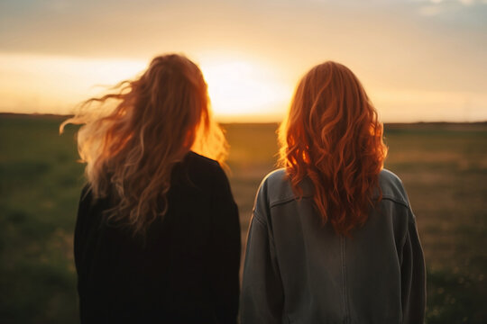 Rear back view of girlfriends enjoying the sunset. Two young women getaway from routine. AI generated.