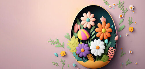 Easter eggs with flowers, empty mocup background and copy space