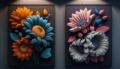 Living room interior with 3d colorful wall art flowers, decor on a large wall groups of flowers wall 3d art 4k wallpaper