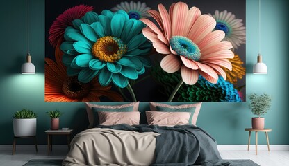 Living room interior with 3d colorful wall art flowers, decor on a large wall, interior design