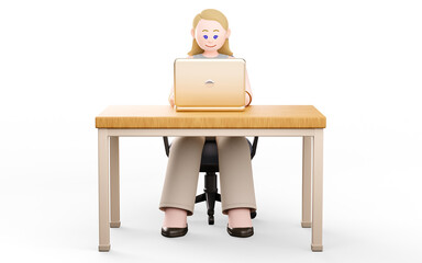3D illustration of a woman sitting at an office desk and working with a laptop. Businessmen, freelancers, salespeople, or telecommuters