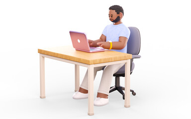 3D illustration of a man sitting at an office desk and working with a laptop. Businessmen, freelancers, salespeople, or telecommuters