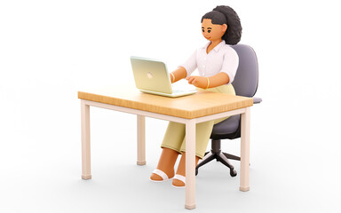 3D illustration of a woman working at an office desk in modern society. Businessmen or freelancers who use laptops