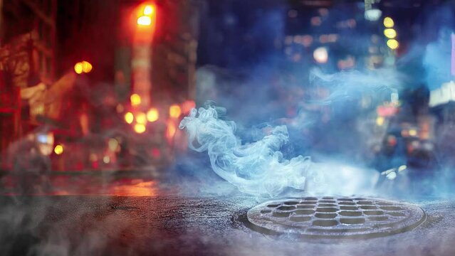 manhole on a blurred background of Times Square during shows and bustling city street lights at night. Bokeh effect in cinemagraph video and urban background.
