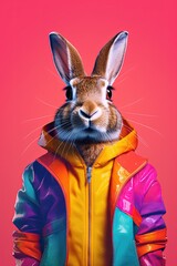 Rabbit in colored jacket half - length frontal view, gradient background