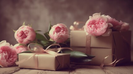 Flowers with gift package. mother's day concept for birthday or valentines day concept. Generative AI