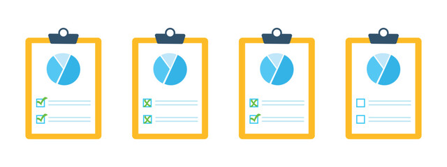 Set of document icons with pie chart, graph ticked and crosses. Document with green checkmarks and crosses. Checklist icon set with graph on white background