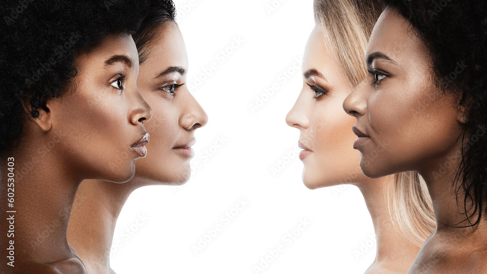 Wall mural multi-ethnic diversity and beauty - group of different ethnicity women against white background