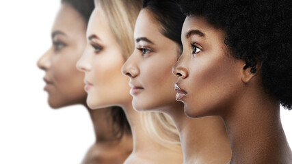 Multi-ethnic diversity and beauty - Group of different ethnicity women against white background - obrazy, fototapety, plakaty