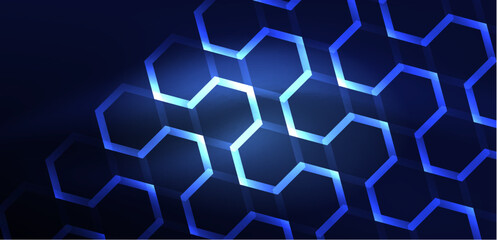 Obraz na płótnie Canvas Hexagon abstract background. Techno glowing neon hexagon shapes vector illustration for wallpaper, banner, background, landing page, wall art, invitation, prints, posters