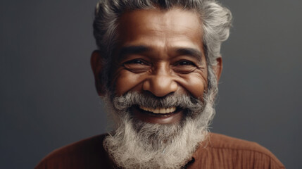 A charming Indian senior man's smile radiates happiness in the studio. Generative AI